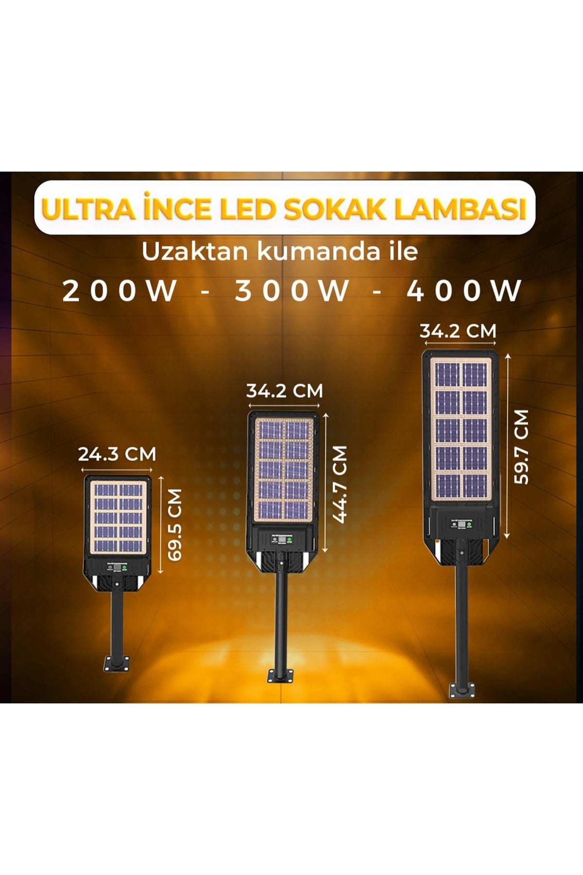 400W Çift Yüzey Şarjlı Güneş Enerjili Ultra İnce LED Sokak Lambası| Su Geçirmez, Sensörlü, kumandalı