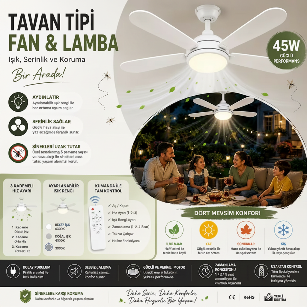 Tavan Tipi Fan & Lamba 45W
